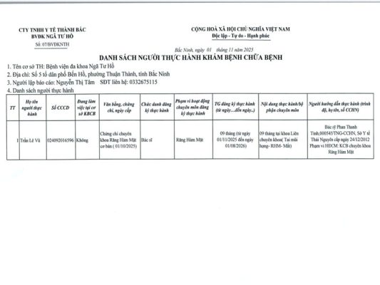 Danh sách thực hành tại Bệnh viện đa khoa Ngã Tư Hồ từ ngày 01-11-2025